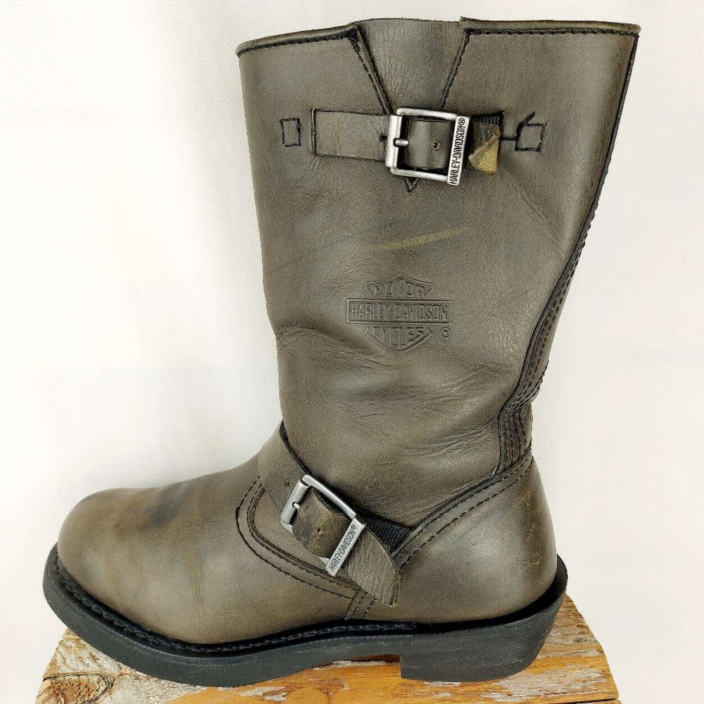 HARLEY DAVIDSON Distressed Moto Engineer kakhi green Leather Buckle Biker Boots